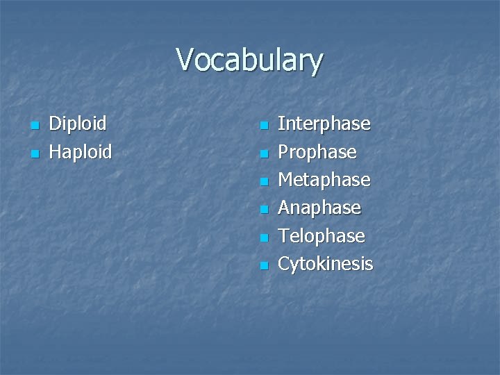 Vocabulary n n Diploid Haploid n n n Interphase Prophase Metaphase Anaphase Telophase Cytokinesis Vocabulary n n Diploid Haploid n n n Interphase Prophase Metaphase Anaphase Telophase Cytokinesis