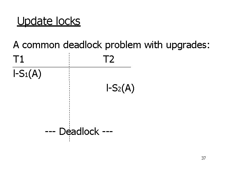 Update locks A common deadlock problem with upgrades: T 1 T 2 l-S 1(A)