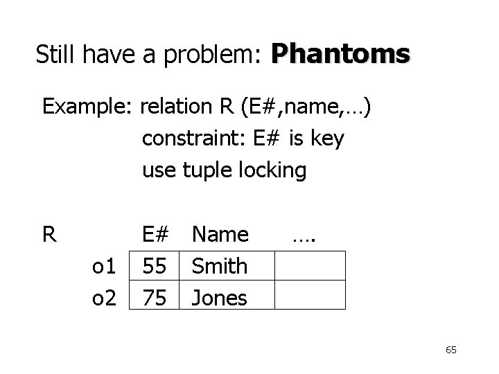 Still have a problem: Phantoms Example: relation R (E#, name, …) constraint: E# is