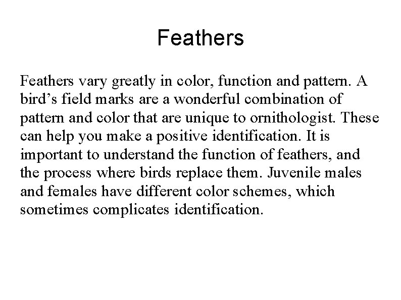 Feathers vary greatly in color, function and pattern. A bird’s field marks are a