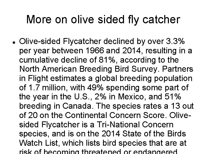 More on olive sided fly catcher Olive-sided Flycatcher declined by over 3. 3% per