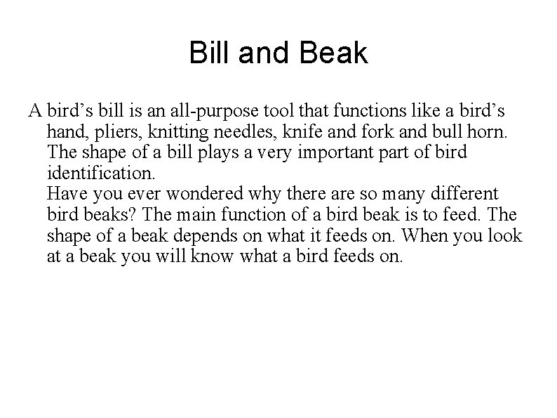 Bill and Beak A bird’s bill is an all-purpose tool that functions like a