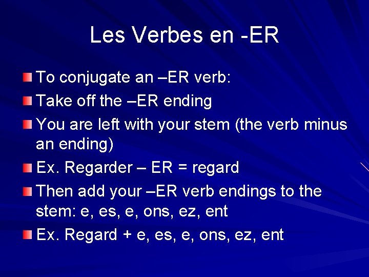 Les Verbes en -ER To conjugate an –ER verb: Take off the –ER ending