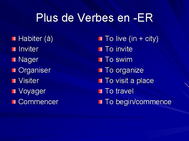 Plus de Verbes en -ER Habiter (à) Inviter Nager Organiser Visiter Voyager Commencer To