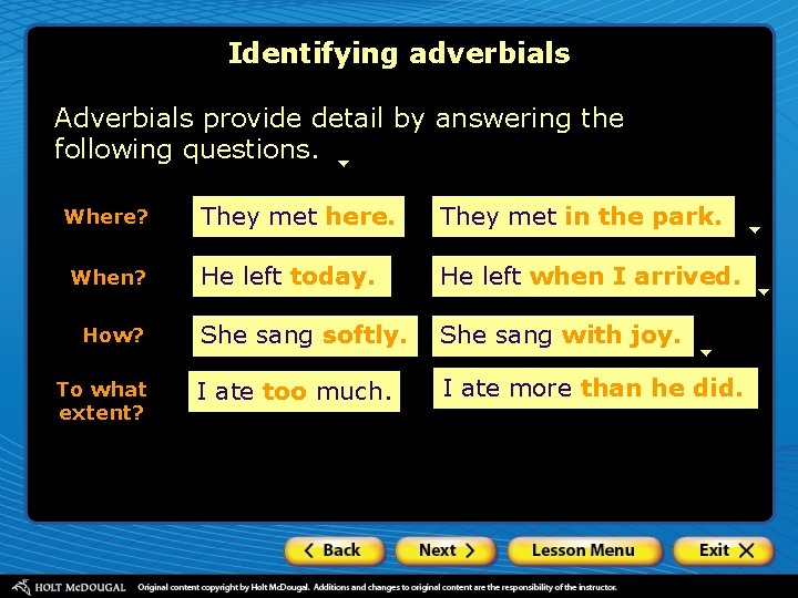 Identifying adverbials Adverbials provide detail by answering the following questions. Where? When? How? To