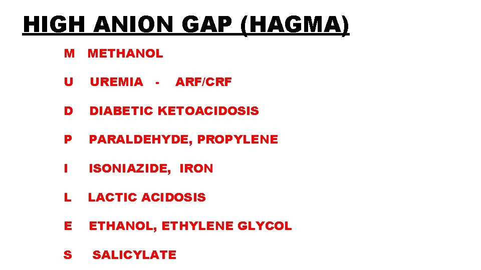 HIGH ANION GAP (HAGMA) M METHANOL U UREMIA - D DIABETIC KETOACIDOSIS P PARALDEHYDE,