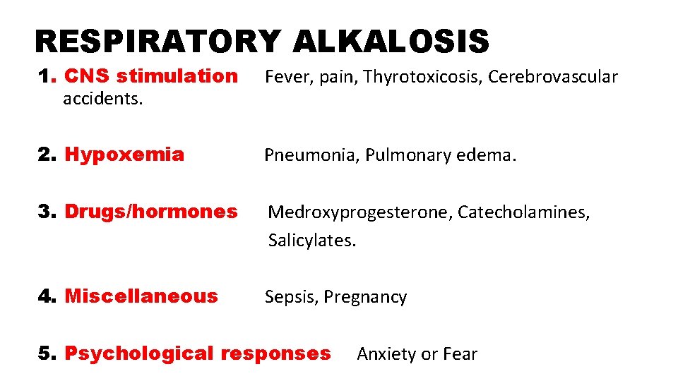 RESPIRATORY ALKALOSIS 1. CNS stimulation accidents. Fever, pain, Thyrotoxicosis, Cerebrovascular 2. Hypoxemia Pneumonia, Pulmonary