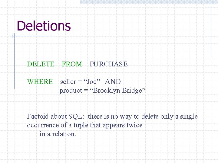 Deletions DELETE FROM PURCHASE WHERE seller = “Joe” AND product = “Brooklyn Bridge” Factoid