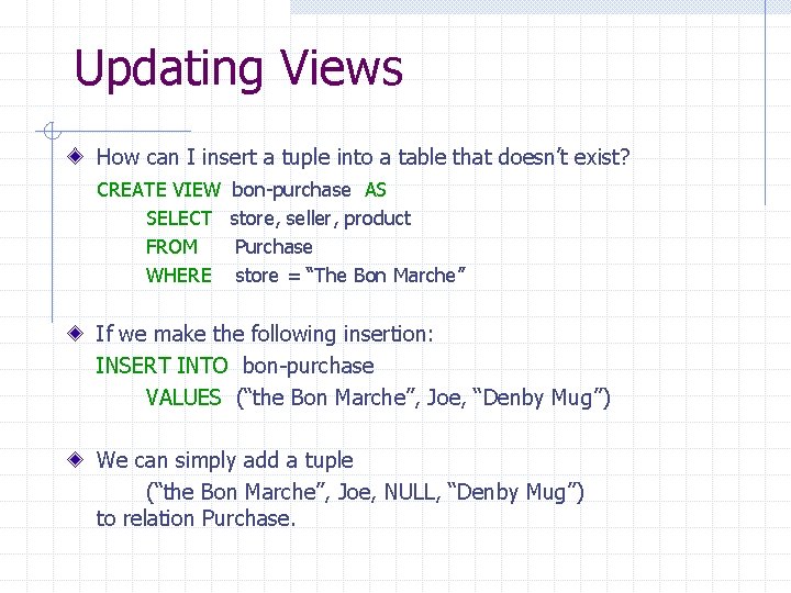 Updating Views How can I insert a tuple into a table that doesn’t exist?