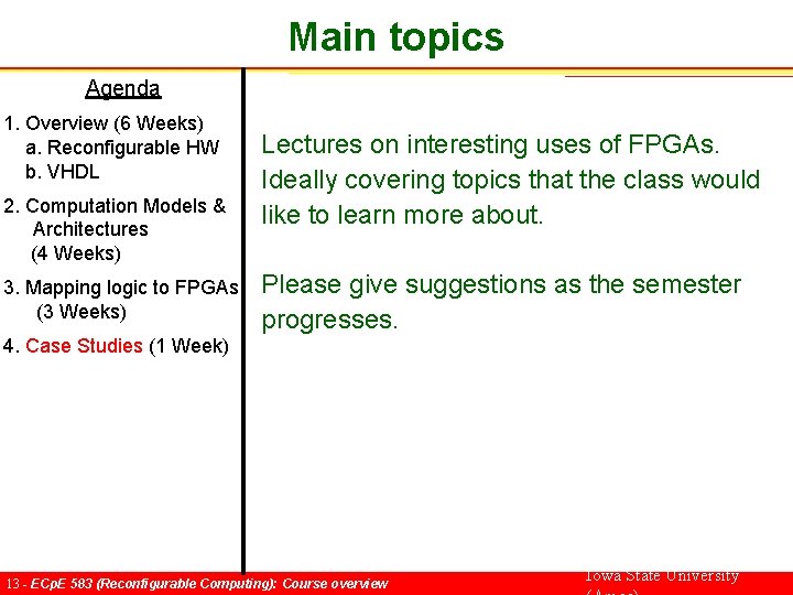 Main topics Agenda 1. Overview (6 Weeks) a. Reconfigurable HW b. VHDL 2. Computation