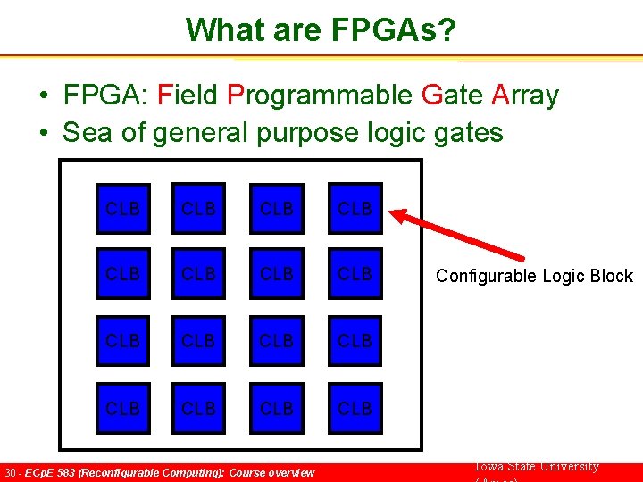 What are FPGAs? • FPGA: Field Programmable Gate Array • Sea of general purpose