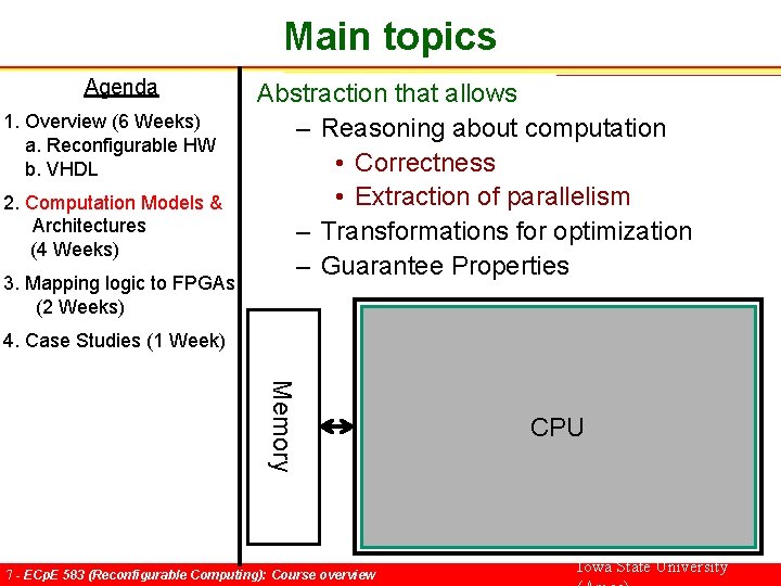 Main topics Agenda 1. Overview (6 Weeks) a. Reconfigurable HW b. VHDL 2. Computation