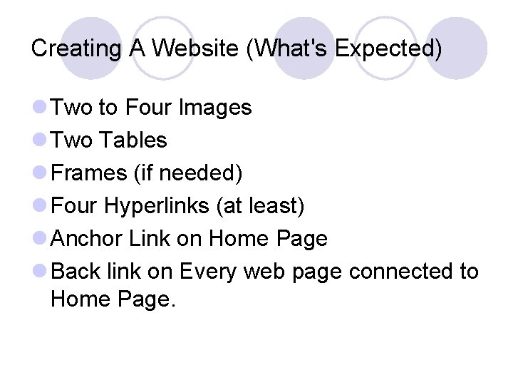 Creating A Website (What's Expected) l Two to Four Images l Two Tables l