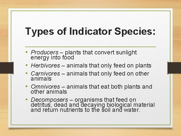 Types of Indicator Species: • Producers – plants that convert sunlight • • energy