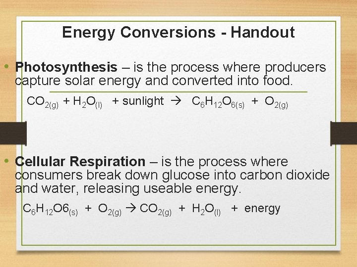 Energy Conversions - Handout • Photosynthesis – is the process where producers capture solar