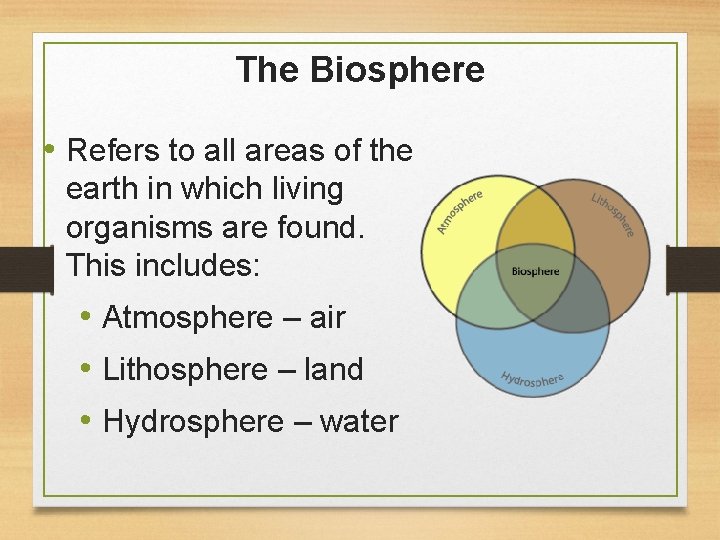 The Biosphere • Refers to all areas of the earth in which living organisms