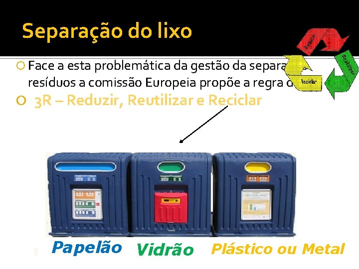 Separação do lixo Face a esta problemática da gestão da separação resíduos a comissão
