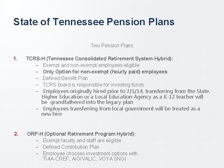 State of Tennessee Pension Plans Two Pension Plans 1. TCRS-H (Tennessee Consolidated Retirement System