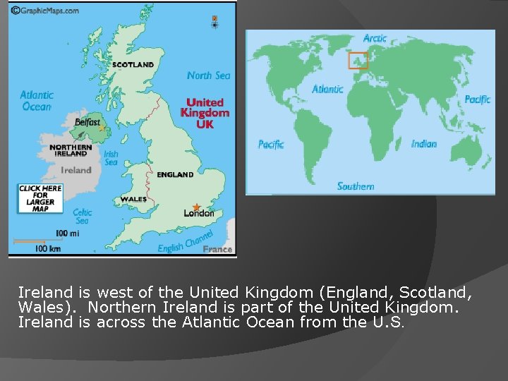 Ireland is west of the United Kingdom (England, Scotland, Wales). Northern Ireland is part