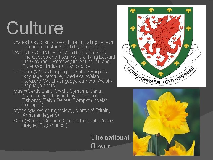 Culture Wales has a distinctive culture including its own language, customs, holidays and music.