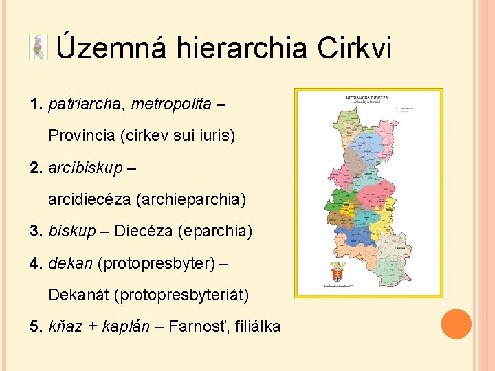 Územná hierarchia Cirkvi 1. patriarcha, metropolita – Provincia (cirkev sui iuris) 2. arcibiskup –