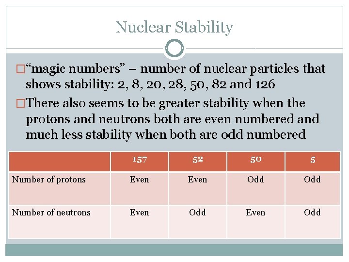 Nuclear Stability �“magic numbers” – number of nuclear particles that shows stability: 2, 8,