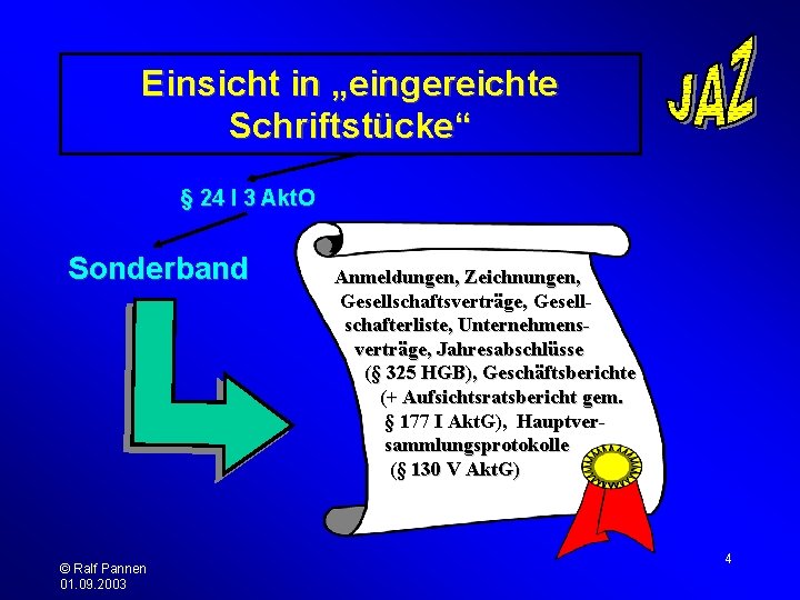Einsicht in „eingereichte Schriftstücke“ § 24 I 3 Akt. O Sonderband © Ralf Pannen