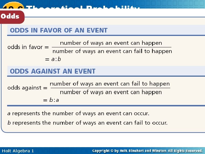10 -6 Theoretical Probability Holt Algebra 1 