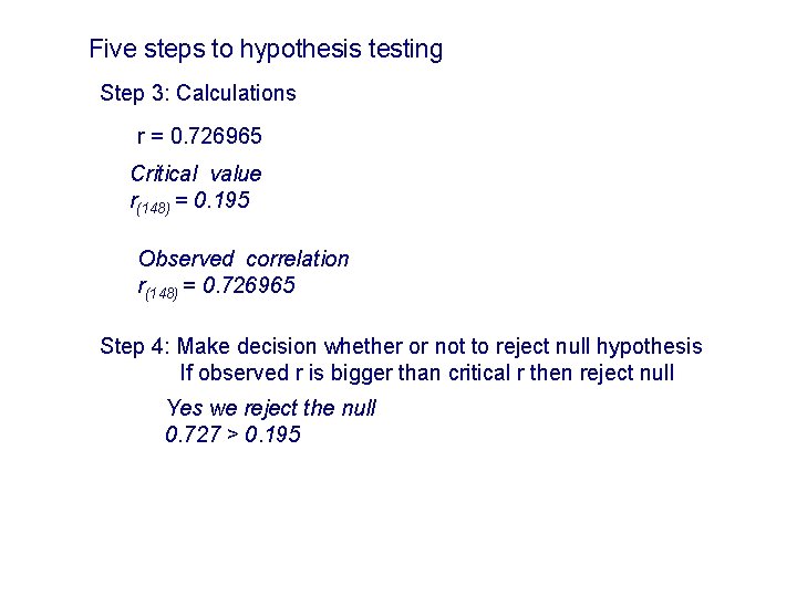 Five steps to hypothesis testing Step 3: Calculations r = 0. 726965 Critical value