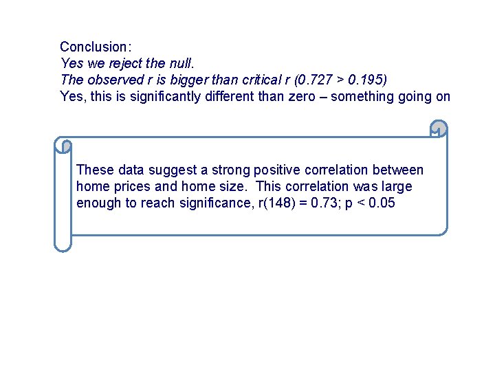 Conclusion: Yes we reject the null. The observed r is bigger than critical r