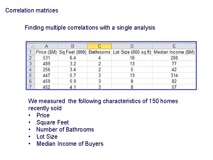 Correlation matrices Finding multiple correlations with a single analysis We measured the following characteristics