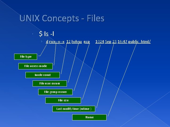UNIX Concepts - Files $ ls -l › d rwx--x--x 12 lwhsu gcp File