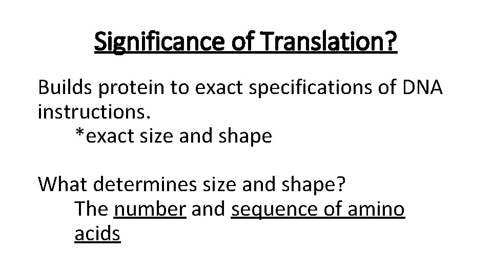 Significance of Translation? Builds protein to exact specifications of DNA instructions. *exact size and