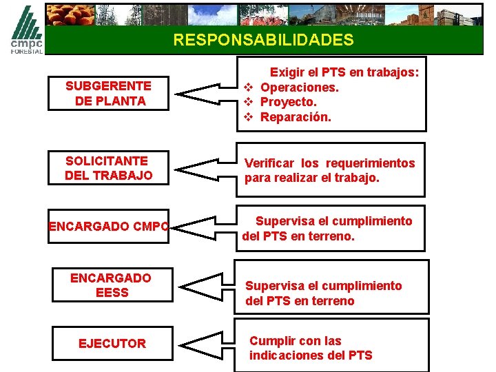 RESPONSABILIDADES SUBGERENTE DE PLANTA Exigir el PTS en trabajos: v Operaciones. v Proyecto. v