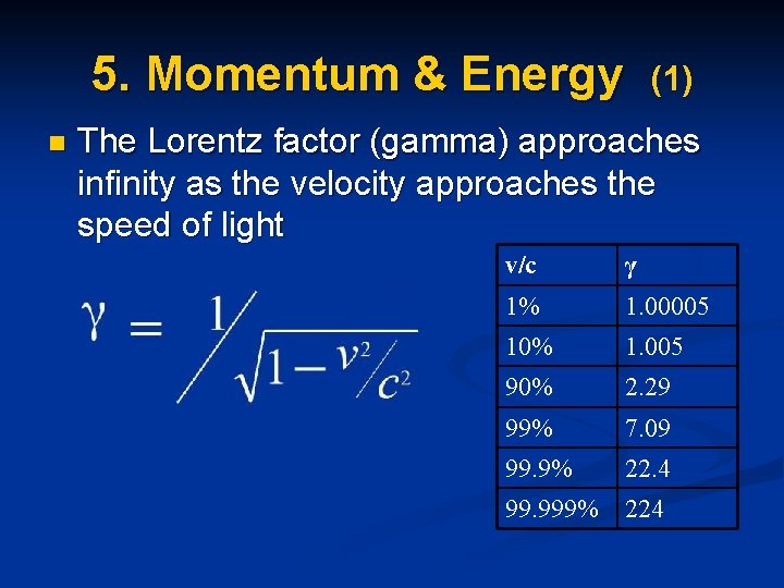 5. Momentum & Energy n (1) The Lorentz factor (gamma) approaches infinity as the