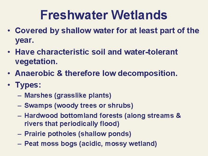 Freshwater Wetlands • Covered by shallow water for at least part of the year.