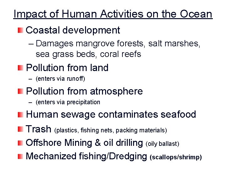 Impact of Human Activities on the Ocean Coastal development – Damages mangrove forests, salt