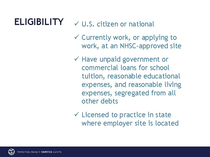ELIGIBILITY ü U. S. citizen or national ü Currently work, or applying to work,