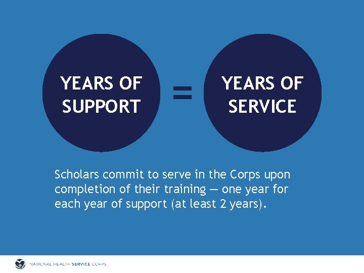 SUPPORT YEARS OF SUPPORT = YEARS OF SERVICE Scholars commit to serve in the