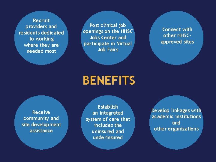 Recruit providers and residents dedicated to working where they are needed most Post clinical