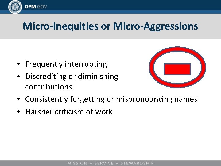 Micro-Inequities or Micro-Aggressions • Frequently interrupting • Discrediting or diminishing contributions • Consistently forgetting