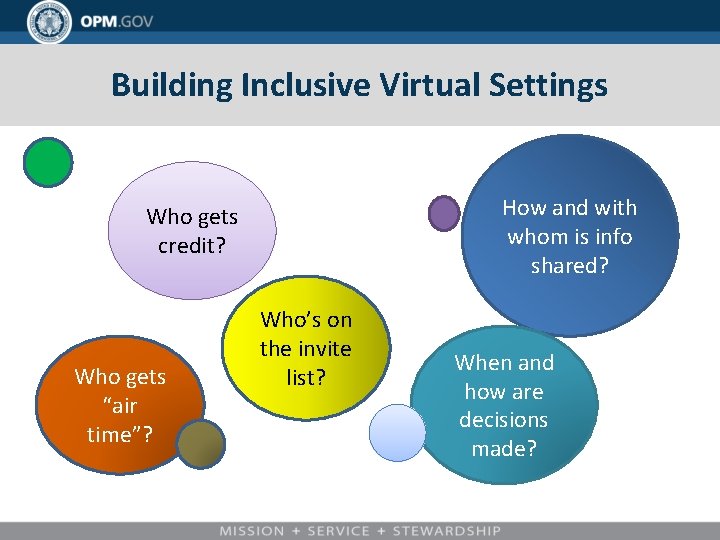 Building Inclusive Virtual Settings How and with whom is info shared? Who gets credit?