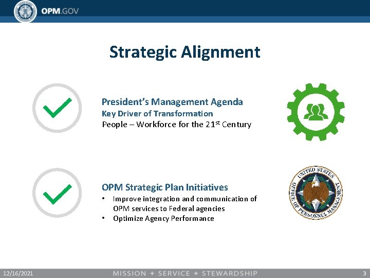 Strategic Alignment President’s Management Agenda Key Driver of Transformation People – Workforce for the