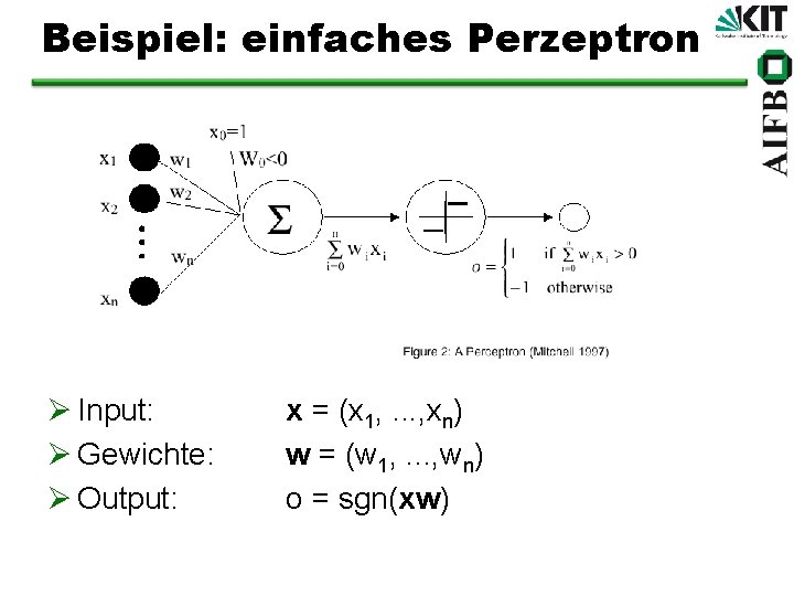 Beispiel: einfaches Perzeptron Ø Input: Ø Gewichte: Ø Output: x = (x 1, .
