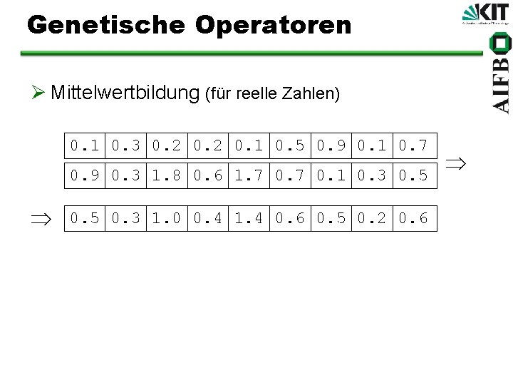 Genetische Operatoren Ø Mittelwertbildung (für reelle Zahlen) 0. 1 0. 3 0. 2 0.