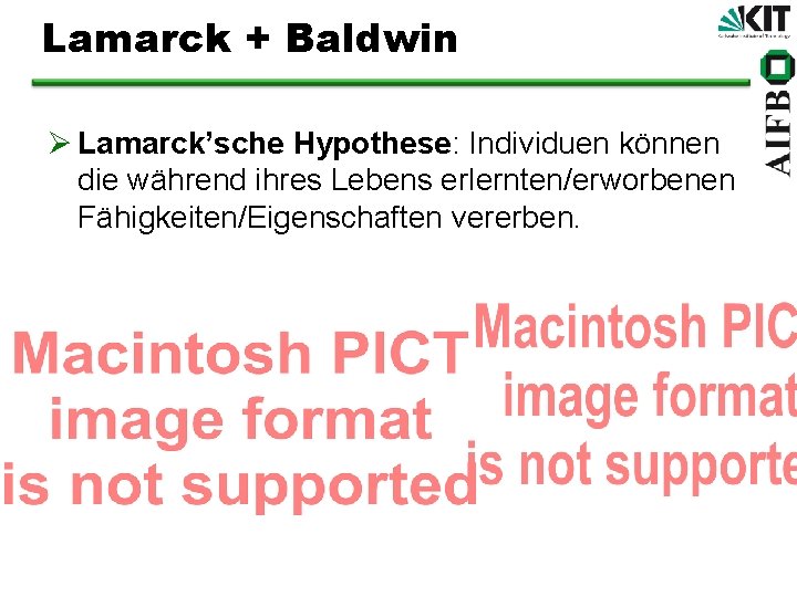 Lamarck + Baldwin Ø Lamarck’sche Hypothese: Individuen können die während ihres Lebens erlernten/erworbenen Fähigkeiten/Eigenschaften