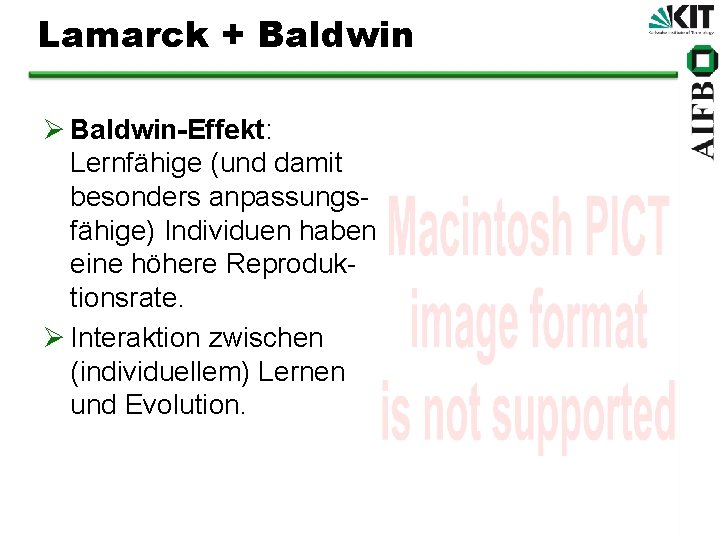 Lamarck + Baldwin Ø Baldwin-Effekt: Lernfähige (und damit besonders anpassungsfähige) Individuen haben eine höhere