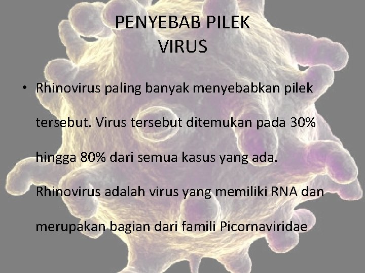 PENYEBAB PILEK VIRUS • Rhinovirus paling banyak menyebabkan pilek tersebut. Virus tersebut ditemukan pada