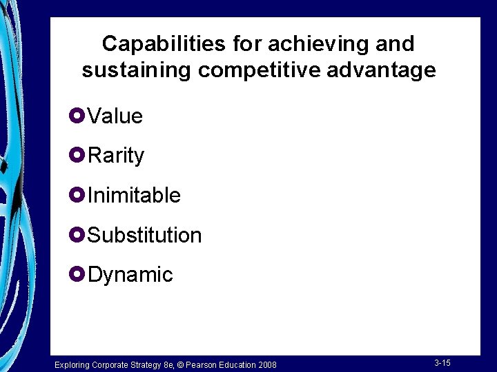 Capabilities for achieving and sustaining competitive advantage £Value £Rarity £Inimitable £Substitution £Dynamic Exploring Corporate
