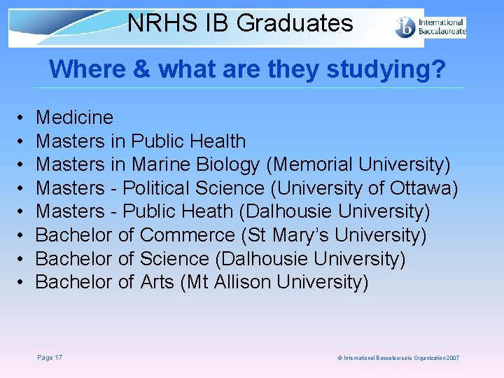 NRHS IB Graduates Where & what are they studying? • • Medicine Masters in